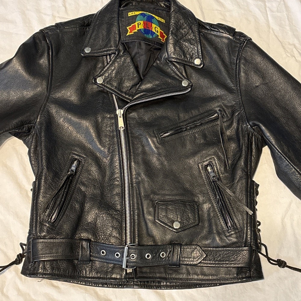 PLG 100% Leather Biker Jacket Black Mens Size 42 READ